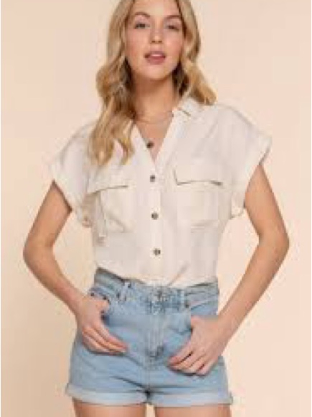 Zenana Tencel V-neck Collared Short Sleeve top woman's size small